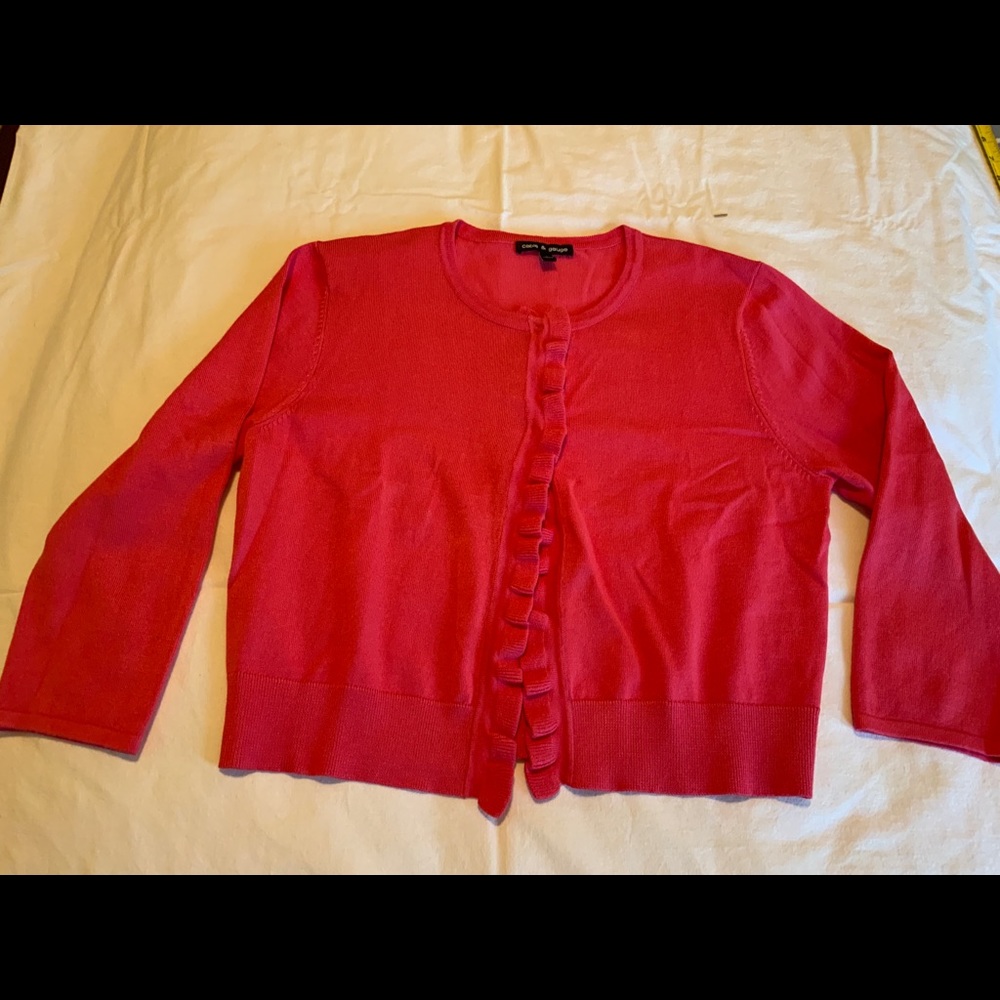 Coral pink rayon short sweater with frilled front.new. Size L. Long slee…